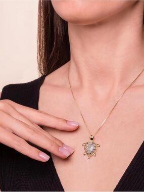 Gold Turtle Jade Pendant Necklace - Jade  Enamel Shell.